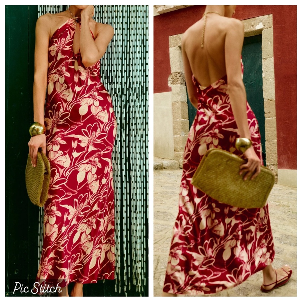 Reformation Yesenia red 100% Silk Midi Halter Las Dalias open back dress S